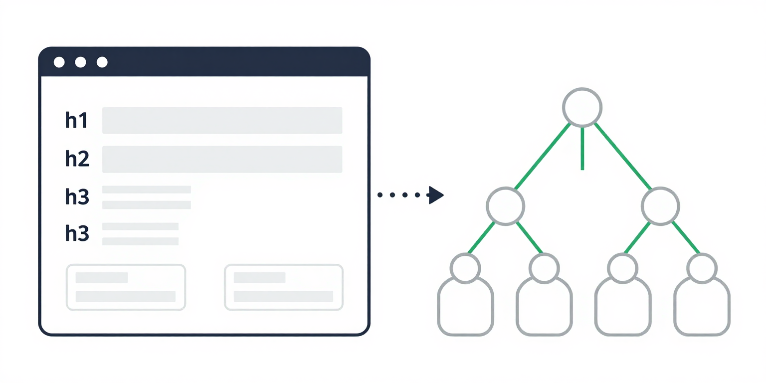 Diagram comparing a visual web page layout on the left with its corresponding semantic document tree on the right, showing how headings, landmarks, and form labels create programmatic structure.