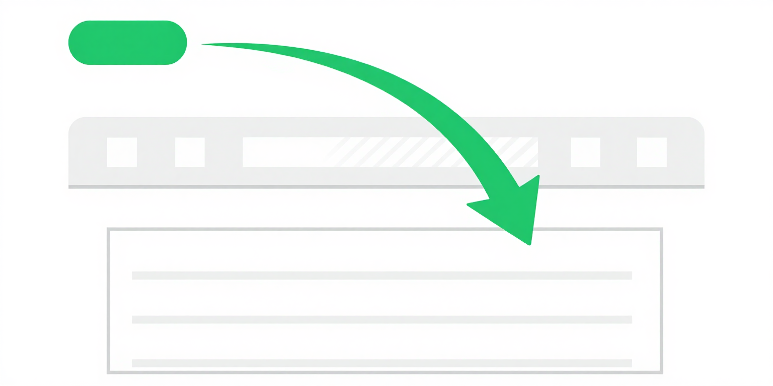 Web page wireframe showing a skip navigation link at the top with an arrow arcing over the navigation bar directly to the main content area, illustrating how keyboard users bypass repeated navigation.
