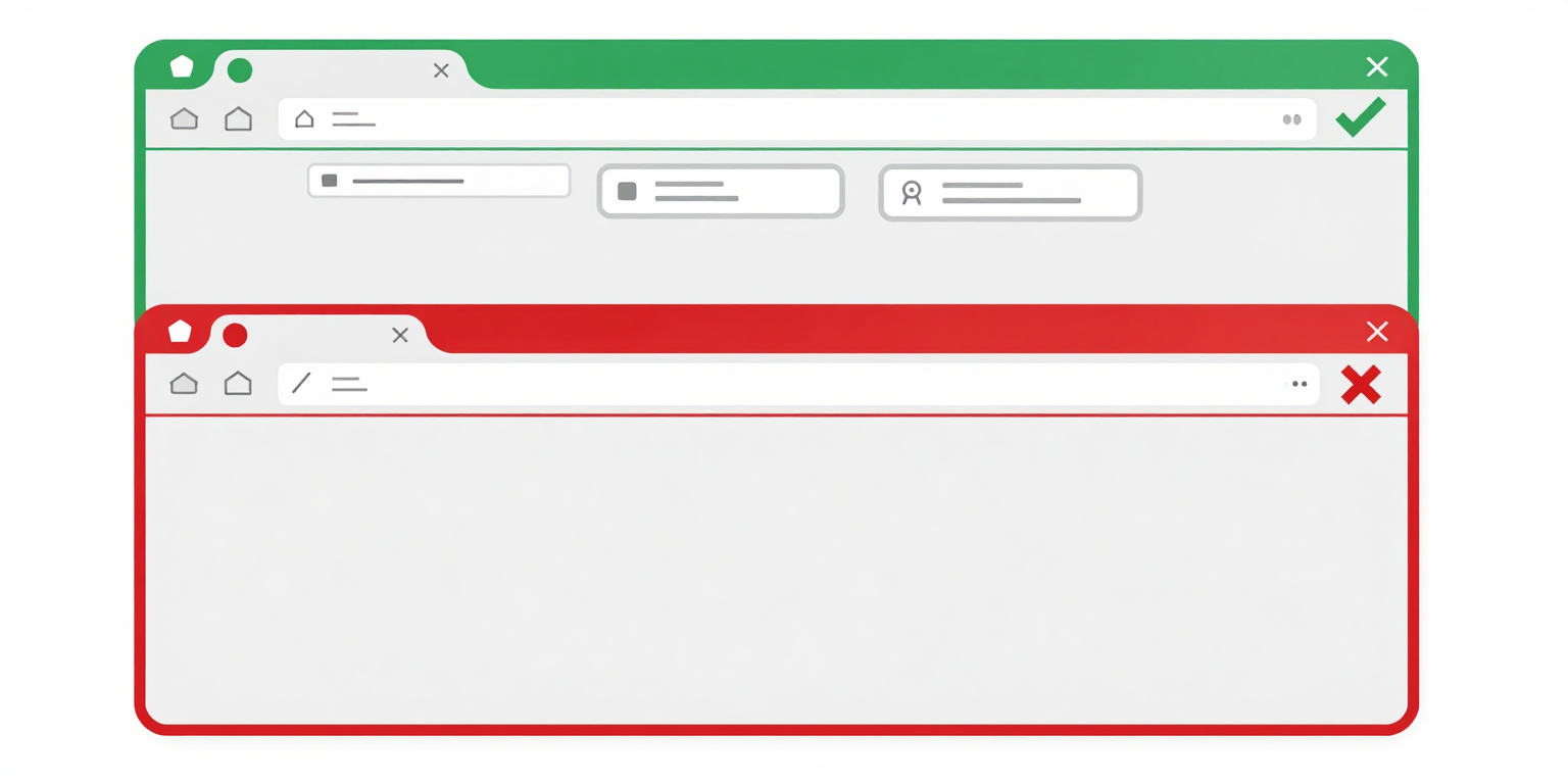 Two browser tab bars compared: the top row shows four tabs with unique descriptive titles that identify each page, while the bottom row shows four tabs all titled the same generic name, making them indistinguishable.