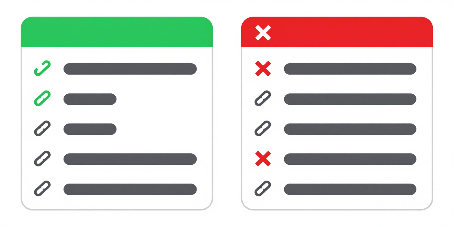 Two screen reader link list dialogs compared: the left shows five descriptive link names that clearly identify each destination, while the right shows five vague links all saying click here or read more.